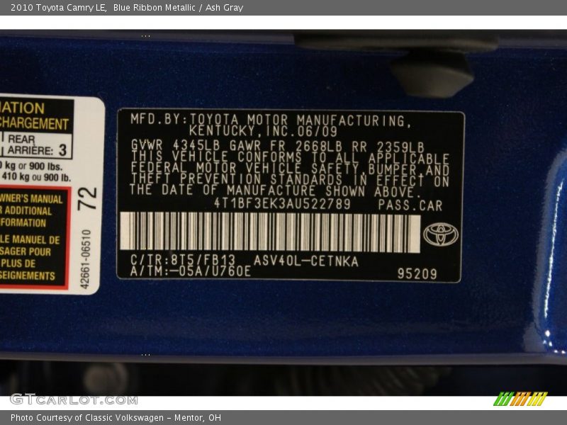 Blue Ribbon Metallic / Ash Gray 2010 Toyota Camry LE