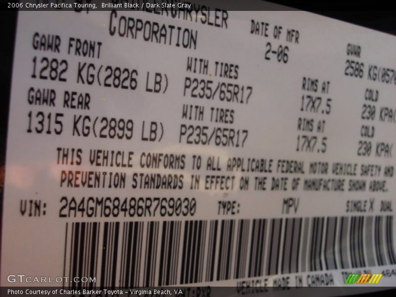 Brilliant Black / Dark Slate Gray 2006 Chrysler Pacifica Touring