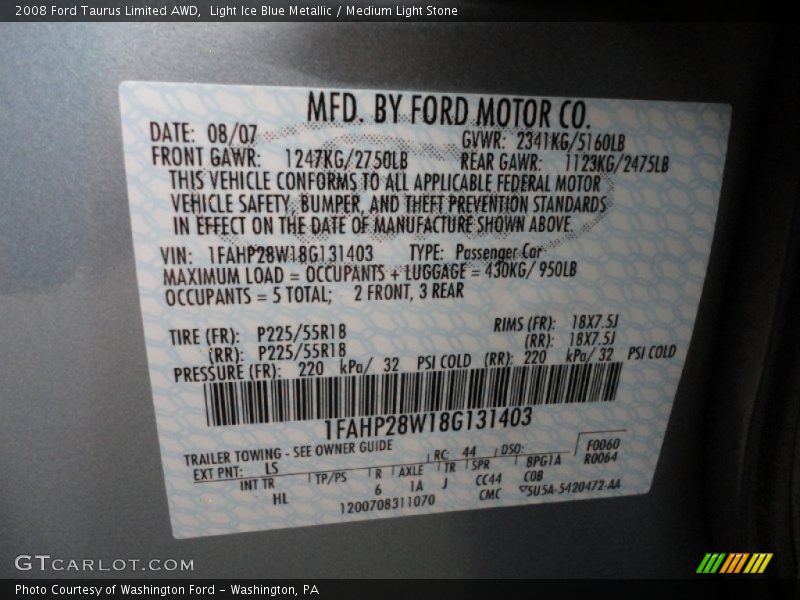 Light Ice Blue Metallic / Medium Light Stone 2008 Ford Taurus Limited AWD