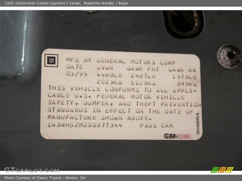 Info Tag of 1995 Cutlass Supreme S Sedan