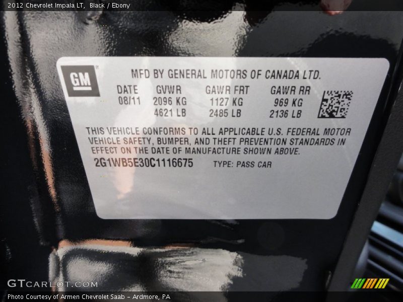 Info Tag of 2012 Impala LT