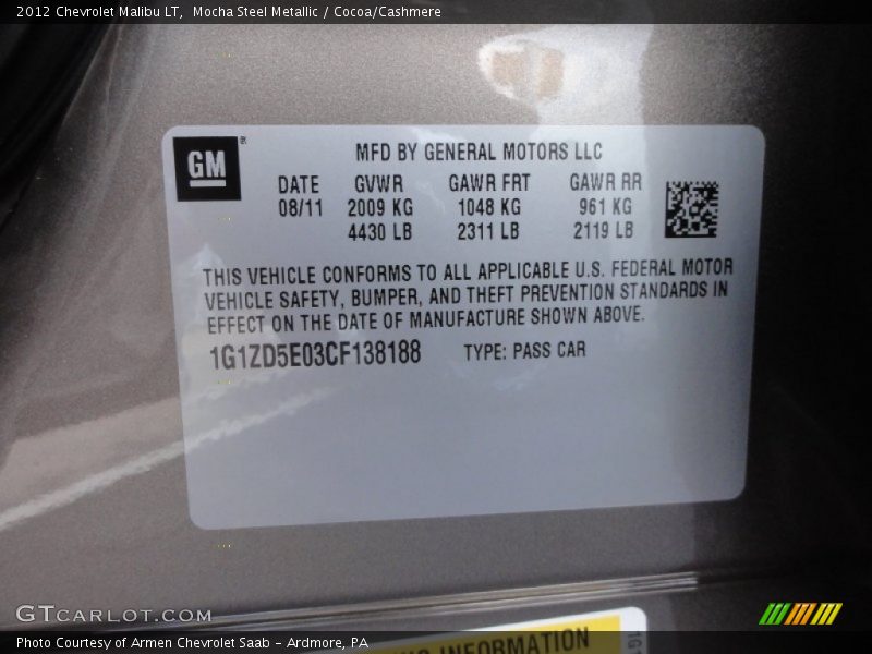 Info Tag of 2012 Malibu LT