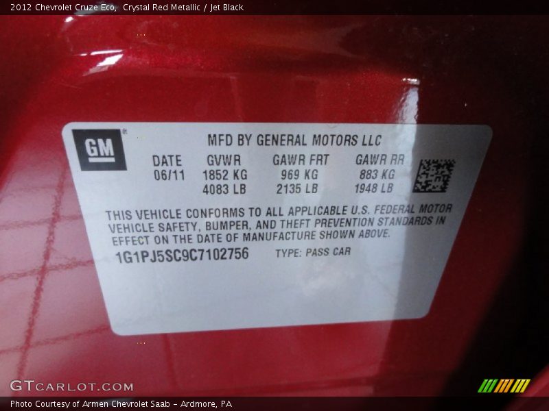 Crystal Red Metallic / Jet Black 2012 Chevrolet Cruze Eco
