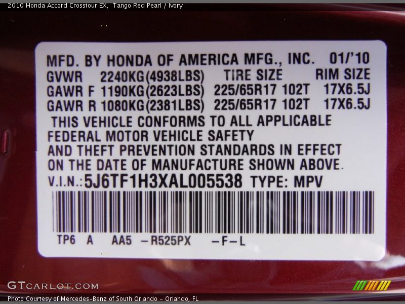 2010 Accord Crosstour EX Tango Red Pearl Color Code R525PX