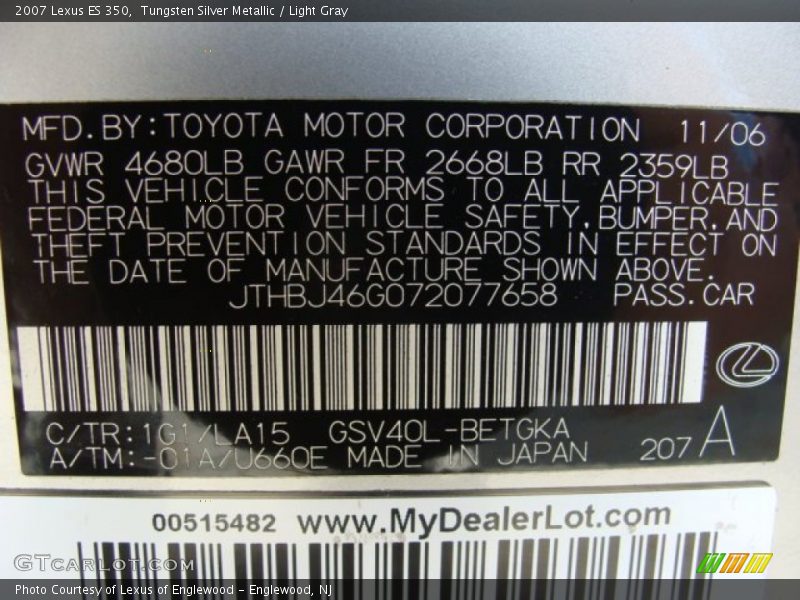 Tungsten Silver Metallic / Light Gray 2007 Lexus ES 350