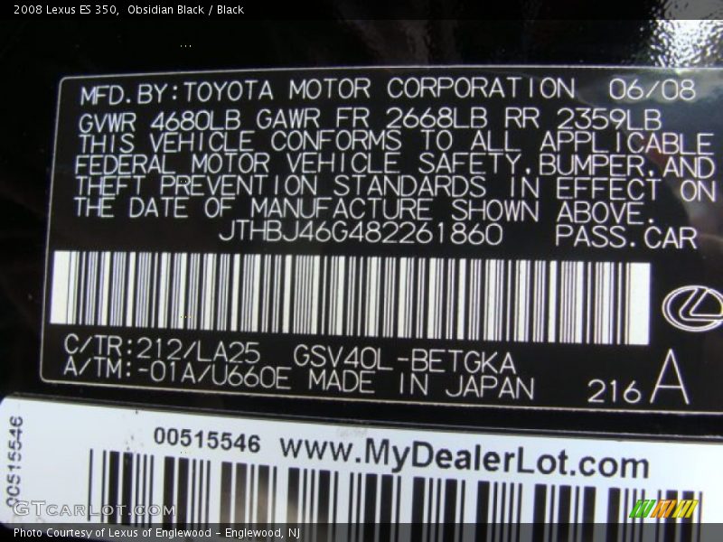 Obsidian Black / Black 2008 Lexus ES 350