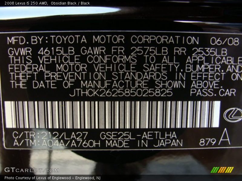 Obsidian Black / Black 2008 Lexus IS 250 AWD