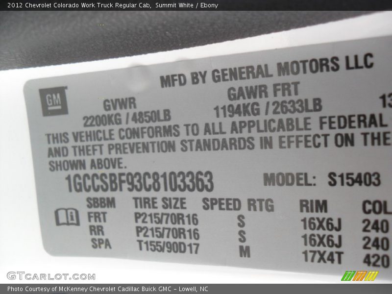 Summit White / Ebony 2012 Chevrolet Colorado Work Truck Regular Cab