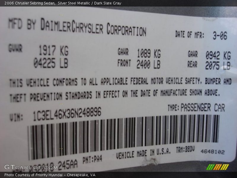Silver Steel Metallic / Dark Slate Gray 2006 Chrysler Sebring Sedan