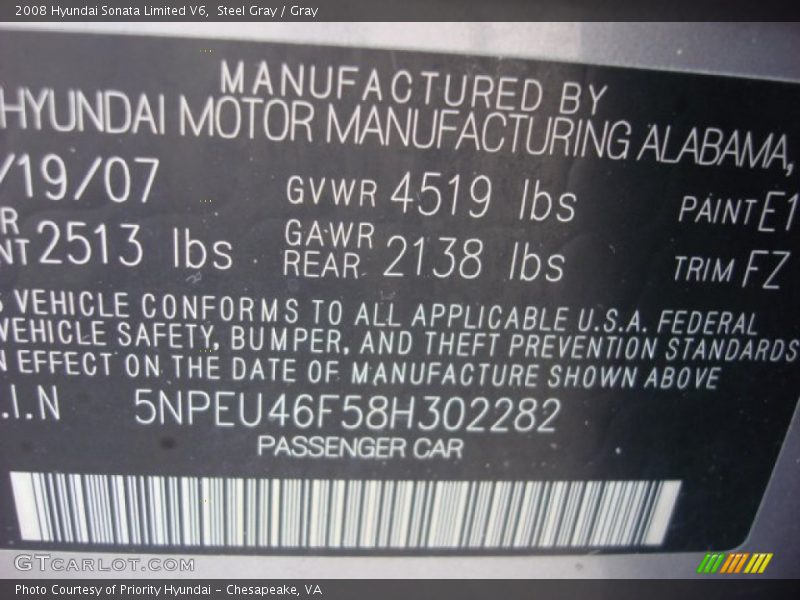 Steel Gray / Gray 2008 Hyundai Sonata Limited V6