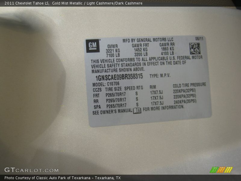 Gold Mist Metallic / Light Cashmere/Dark Cashmere 2011 Chevrolet Tahoe LS