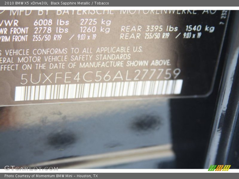 Black Sapphire Metallic / Tobacco 2010 BMW X5 xDrive30i