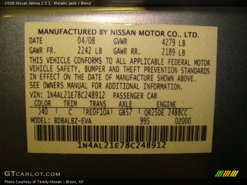 Metallic Jade / Blond 2008 Nissan Altima 2.5 S