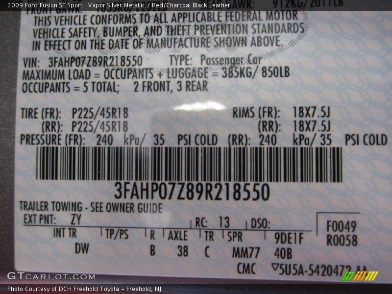 Vapor Silver Metallic / Red/Charcoal Black Leather 2009 Ford Fusion SE Sport