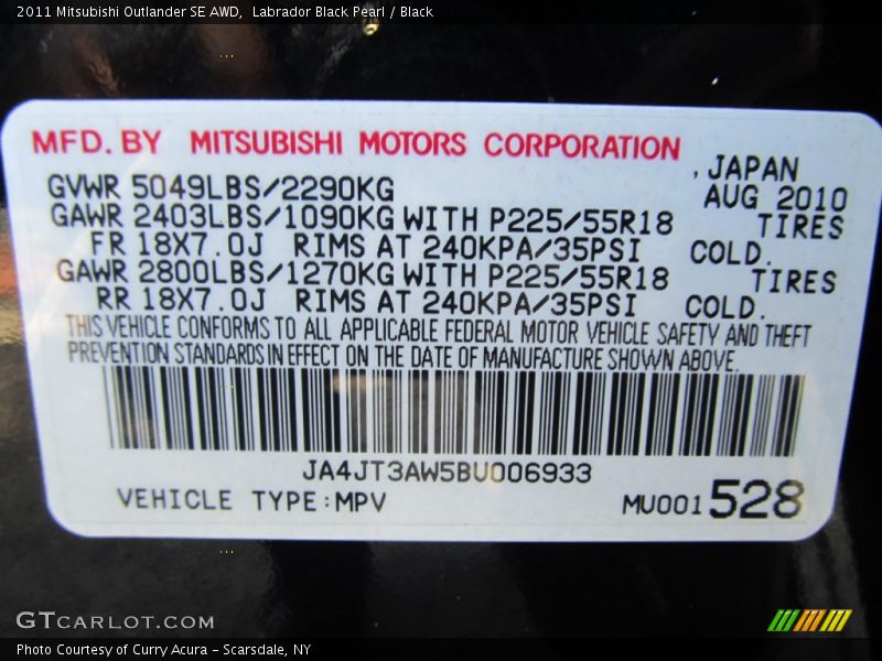 Labrador Black Pearl / Black 2011 Mitsubishi Outlander SE AWD