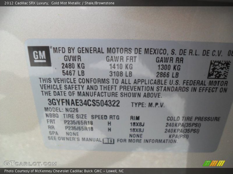 Gold Mist Metallic / Shale/Brownstone 2012 Cadillac SRX Luxury