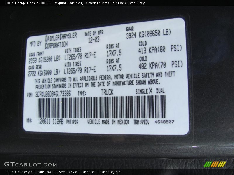 2004 Ram 2500 SLT Regular Cab 4x4 Graphite Metallic Color Code PDR