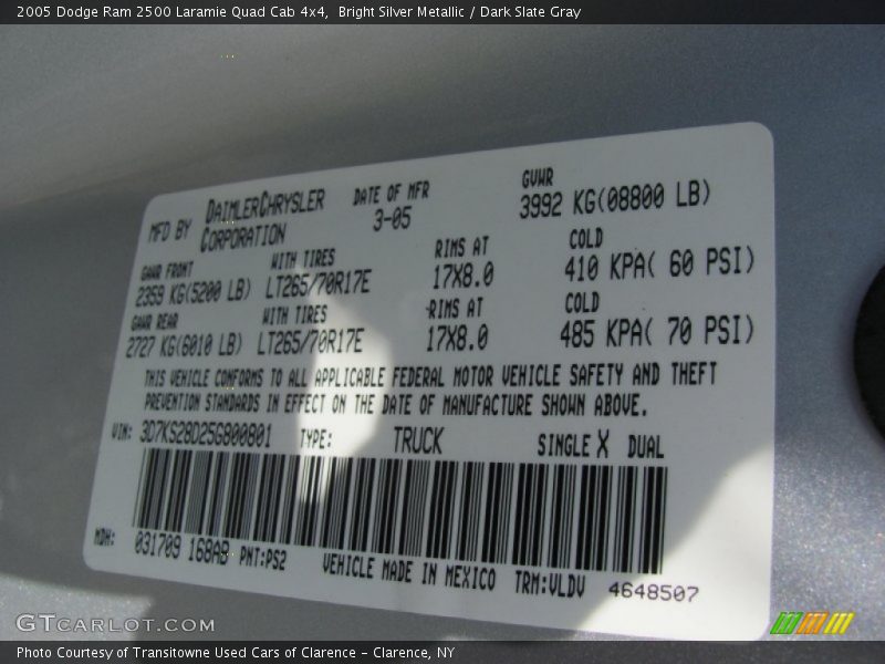2005 Ram 2500 Laramie Quad Cab 4x4 Bright Silver Metallic Color Code PS2