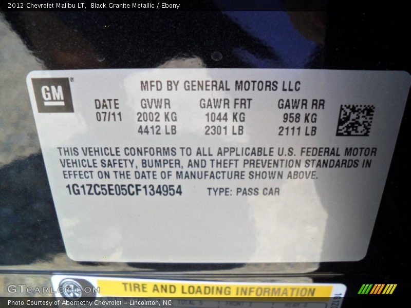 Black Granite Metallic / Ebony 2012 Chevrolet Malibu LT