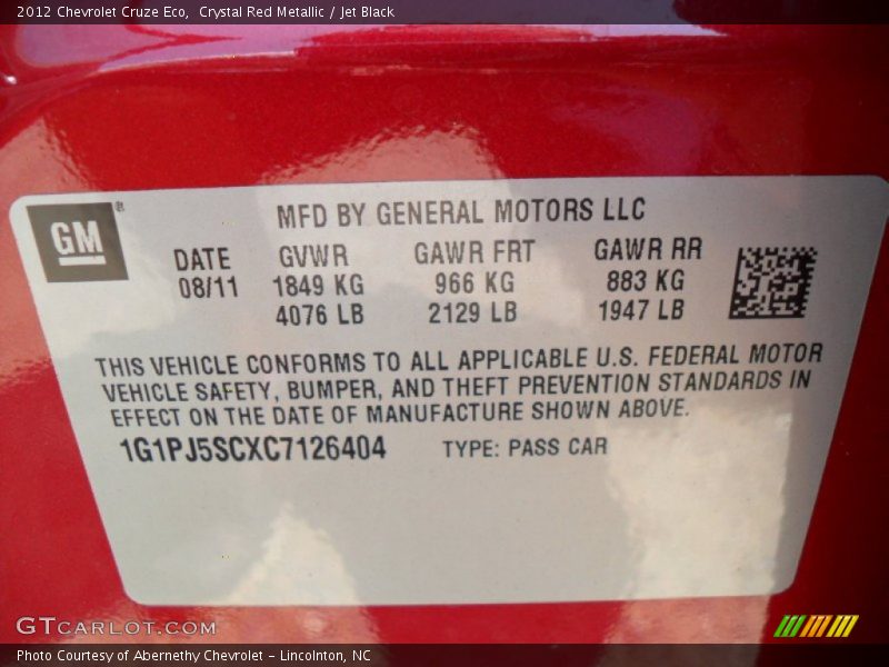 Info Tag of 2012 Cruze Eco