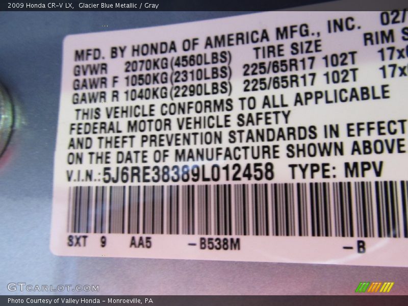 Glacier Blue Metallic / Gray 2009 Honda CR-V LX