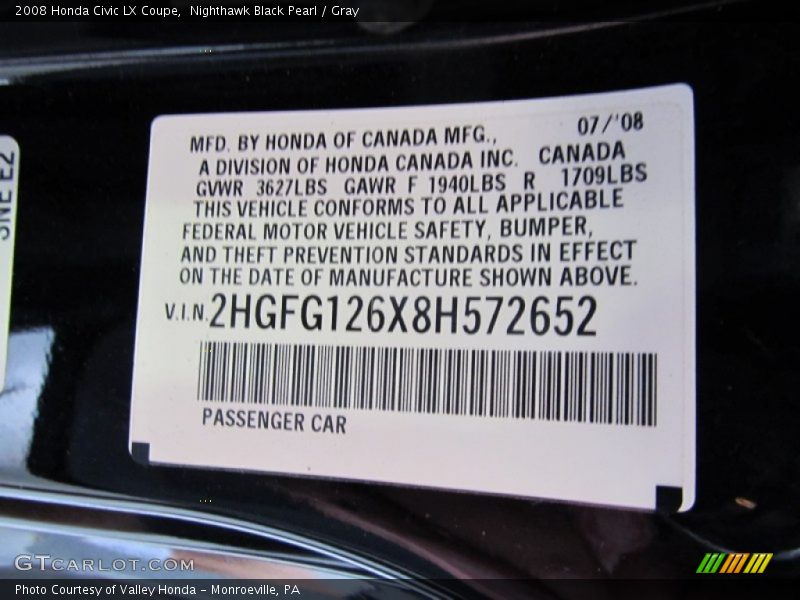 Nighthawk Black Pearl / Gray 2008 Honda Civic LX Coupe