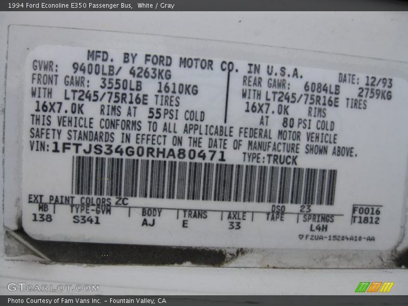 White / Gray 1994 Ford Econoline E350 Passenger Bus