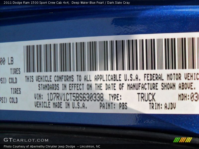 Deep Water Blue Pearl / Dark Slate Gray 2011 Dodge Ram 1500 Sport Crew Cab 4x4