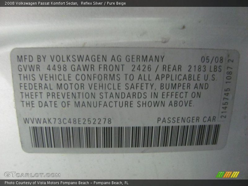 Reflex Silver / Pure Beige 2008 Volkswagen Passat Komfort Sedan