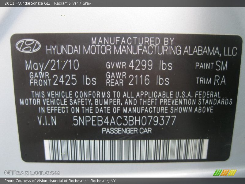 Radiant Silver / Gray 2011 Hyundai Sonata GLS