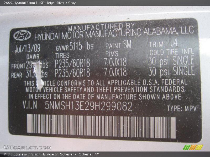Bright Silver / Gray 2009 Hyundai Santa Fe SE