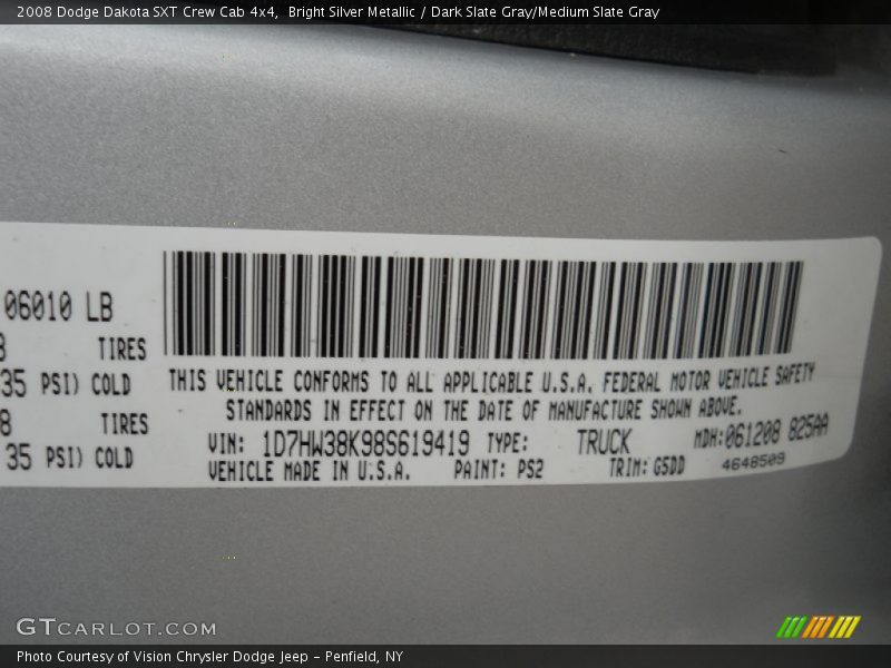 Bright Silver Metallic / Dark Slate Gray/Medium Slate Gray 2008 Dodge Dakota SXT Crew Cab 4x4