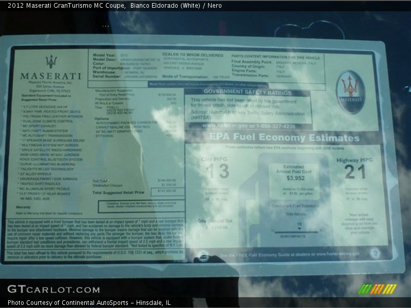 Bianco Eldorado (White) / Nero 2012 Maserati GranTurismo MC Coupe
