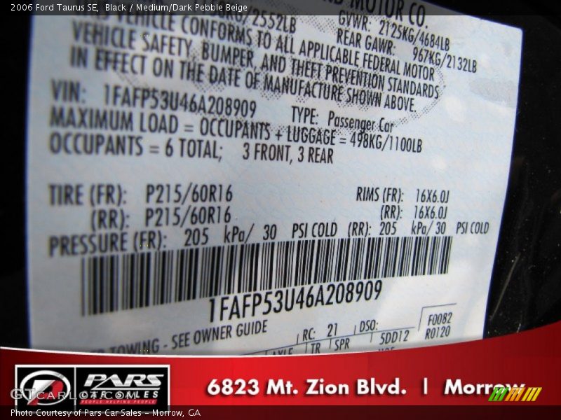 Black / Medium/Dark Pebble Beige 2006 Ford Taurus SE