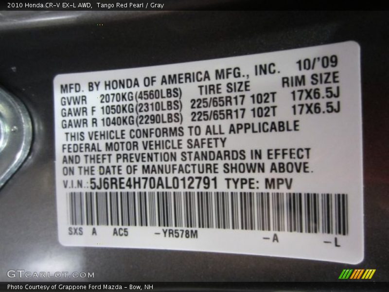 Tango Red Pearl / Gray 2010 Honda CR-V EX-L AWD