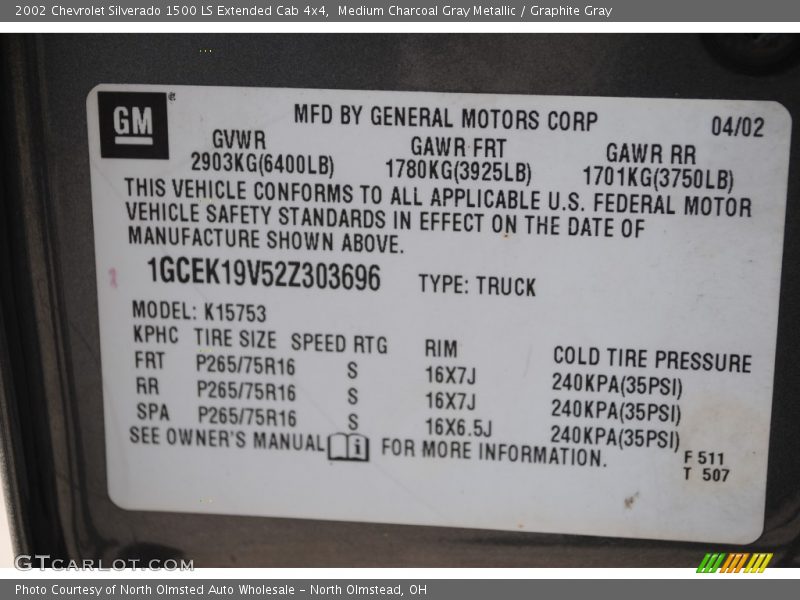 Info Tag of 2002 Silverado 1500 LS Extended Cab 4x4