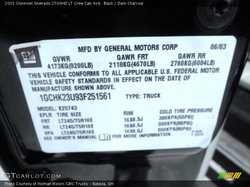 Info Tag of 2003 Silverado 2500HD LT Crew Cab 4x4