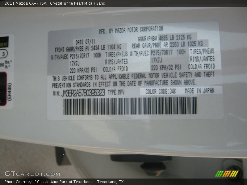 Crystal White Pearl Mica / Sand 2011 Mazda CX-7 i SV
