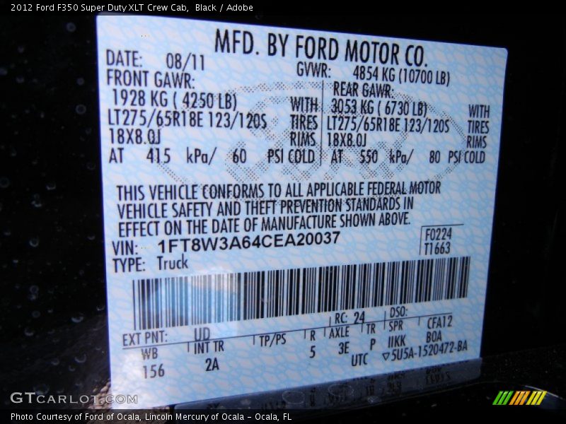 2012 F350 Super Duty XLT Crew Cab Black Color Code UD