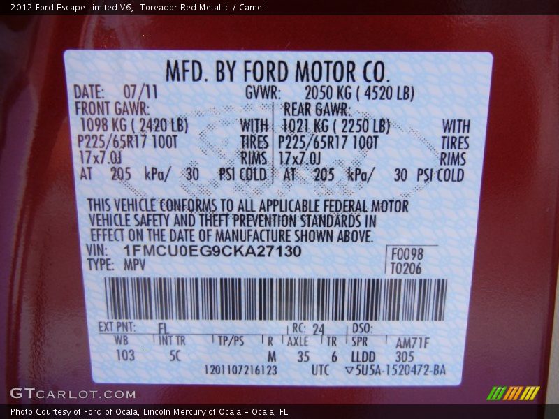 2012 Escape Limited V6 Toreador Red Metallic Color Code FL