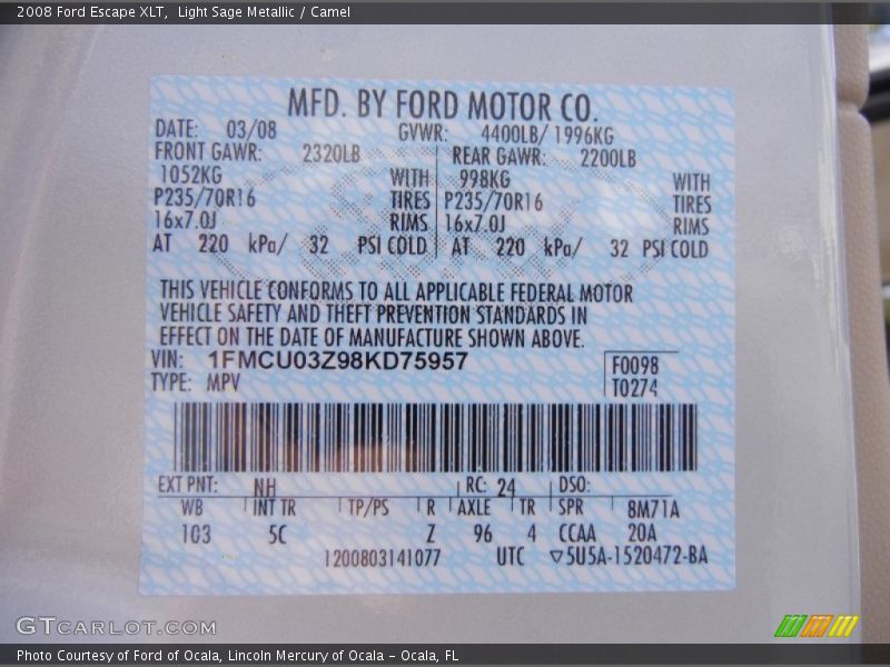 Light Sage Metallic / Camel 2008 Ford Escape XLT