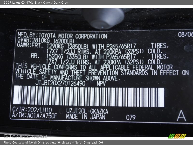 Black Onyx / Dark Gray 2007 Lexus GX 470