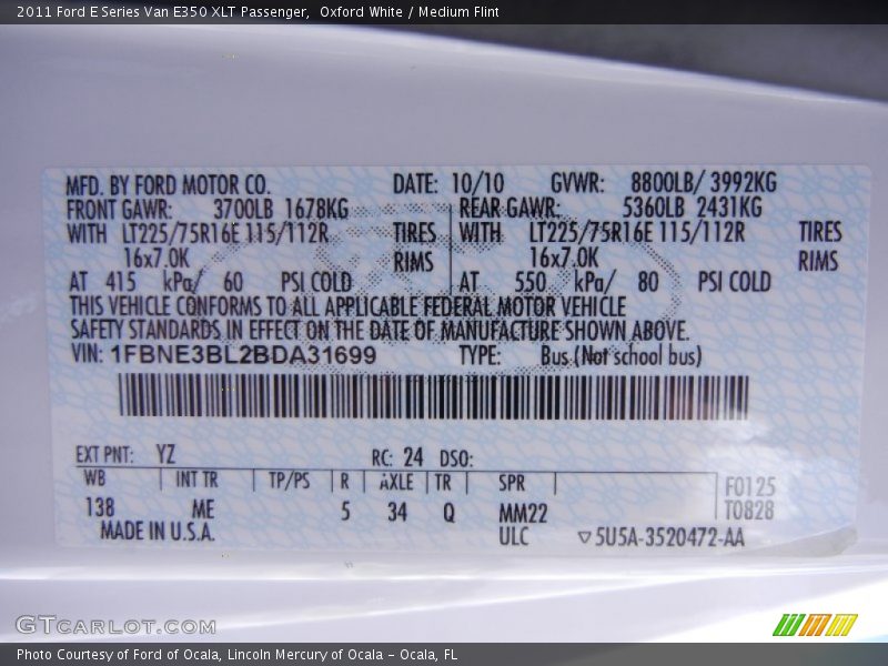 2011 E Series Van E350 XLT Passenger Oxford White Color Code YZ