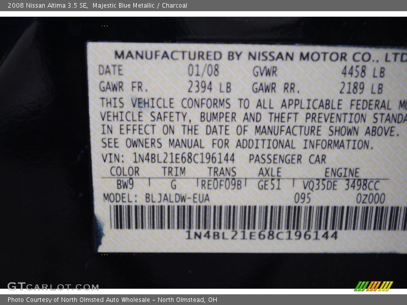 Majestic Blue Metallic / Charcoal 2008 Nissan Altima 3.5 SE