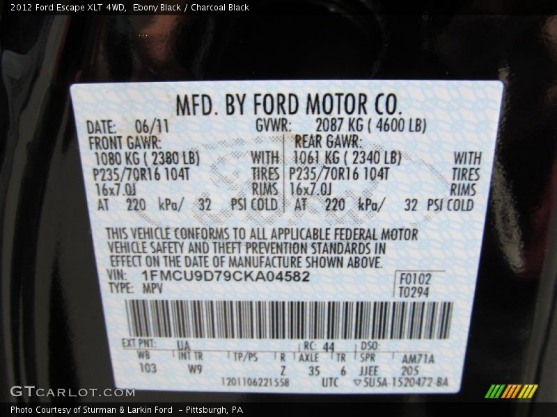 Ebony Black / Charcoal Black 2012 Ford Escape XLT 4WD