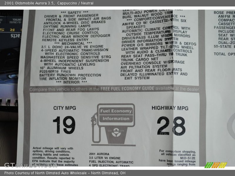  2001 Aurora 3.5 Window Sticker