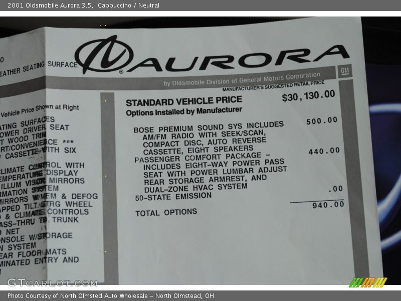  2001 Aurora 3.5 Window Sticker