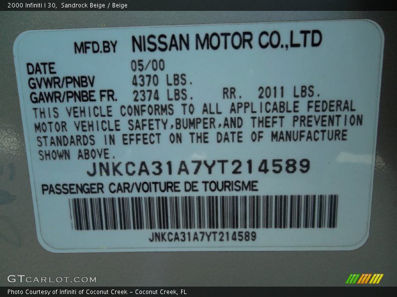 Sandrock Beige / Beige 2000 Infiniti I 30