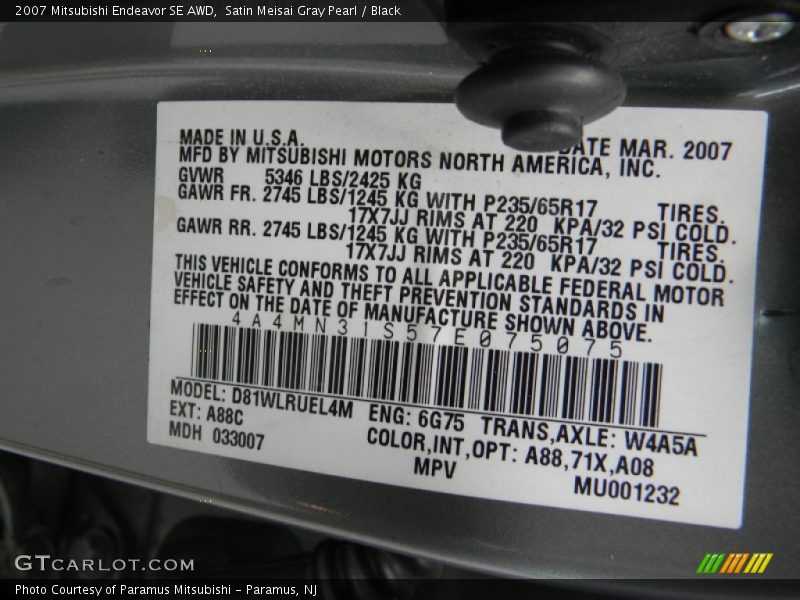 2007 Endeavor SE AWD Satin Meisai Gray Pearl Color Code A88