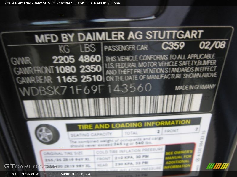 Capri Blue Metallic / Stone 2009 Mercedes-Benz SL 550 Roadster